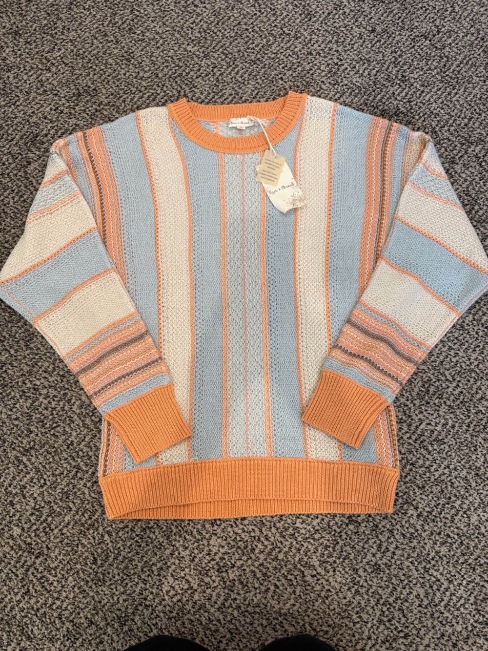 Hem & Thread Pastel Stripe Crewneck Sweater in Sky Blue, Peach & Cream